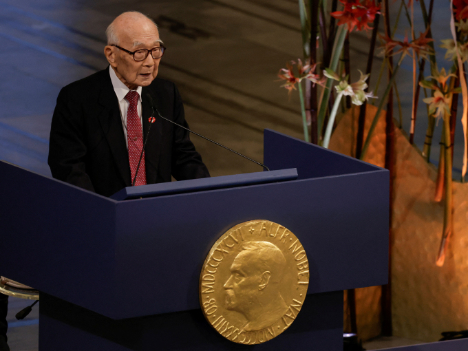 Terumi Tanaka delivered Nihon Hidankyo’s Nobel lecture. Photo: Reuters / Leonhard Foeger